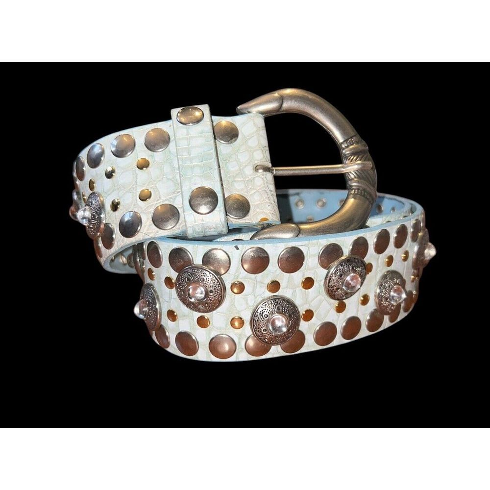 Nannini Light Blue Leather Studded Belt with Mixed Metal Accents